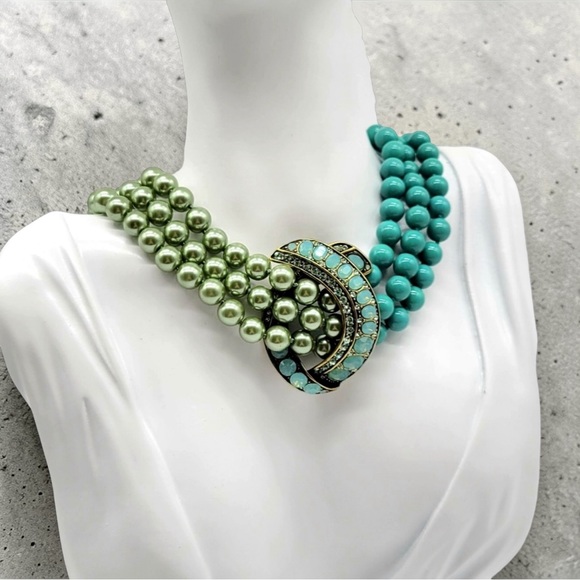 RARE Heidi Daus Retired Asymmetrical Pearl Turquoise Opal Necklace 14-18” Choker - Picture 10 of 17